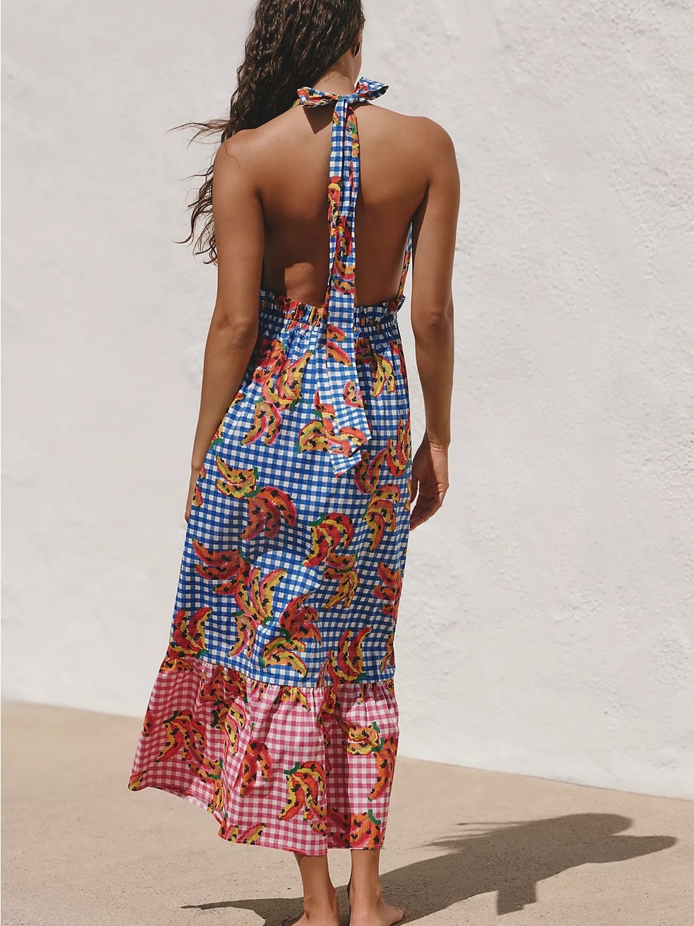 FARM Rio Blue and Pink Gingham Halter Maxi Dress with Multicolor Print - Picture 2 of 5